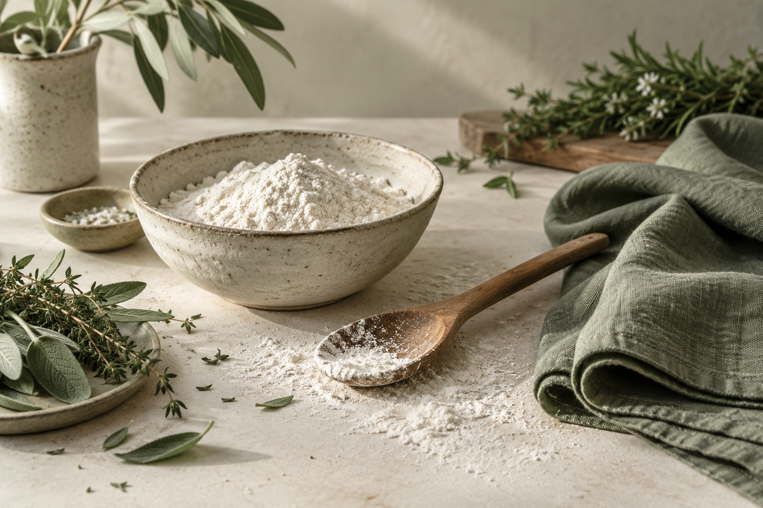 wooden spoon, flour, herbs and folded sage linen on cream table, natural kitchen editorial photo, no products for sale implied